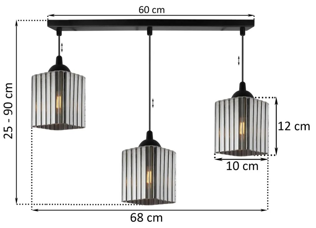 Závesné svietidlo Riffle Square, 3x grafitové sklenené tienidlo, b