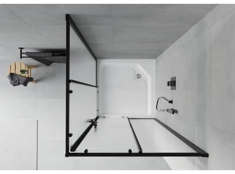 Mexen Rio, štvorcový sprchovací kút s posuvnými dverami 90(dvere) x 90(dvere) x 190 cm, 6mm sklo námraza, čierny profil + biela sprchová vanička RIO, 860-090-090-70-30-4510