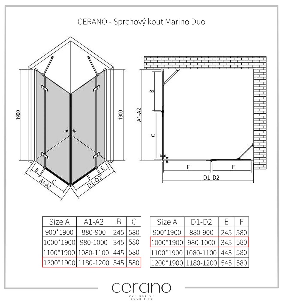 Cerano Marino Duo, sprchovací kút 120(dvere) x 100(dvere), 6mm číre sklo, čierny profil, CER-CER-480214