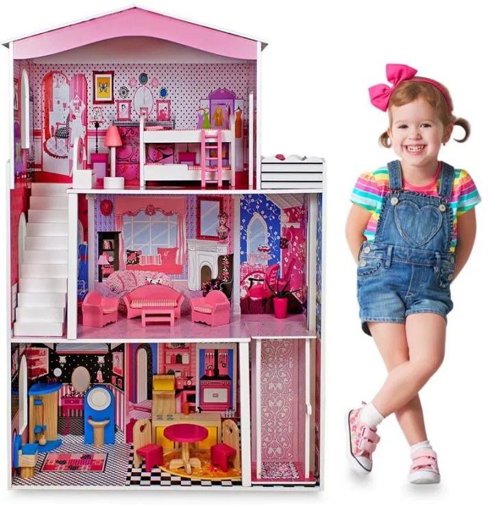 Sapphire Veľký drevený domček pre bábiky s príslušenstvom SK-01 - 3 poschodia