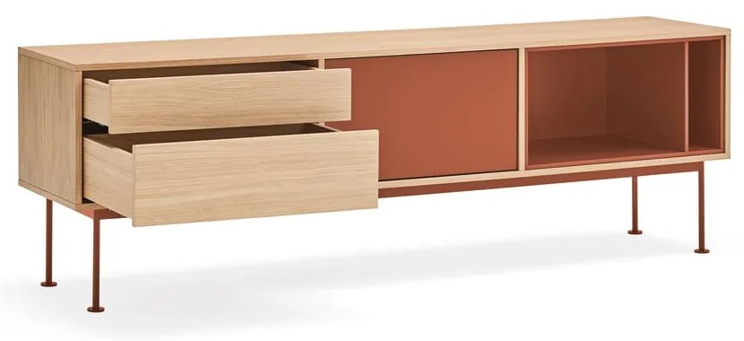 Tehlovočervená TV komoda v dubovom dekore Teulat Yoko
