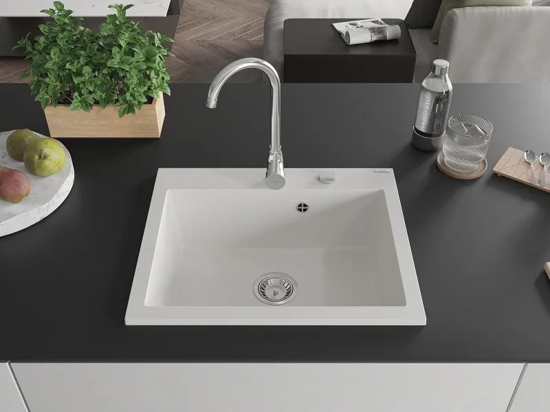 Mexen Elix granitový kuchynský drez 1-komorový 600 x 500 mm, biely, sifón chróm - 6525601005-20