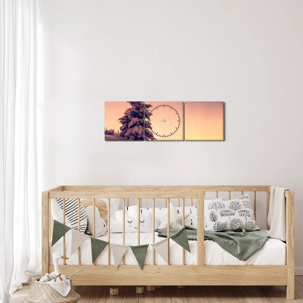 Obraz zasneženého stromu na lúke (s hodinami) (90x30 cm)