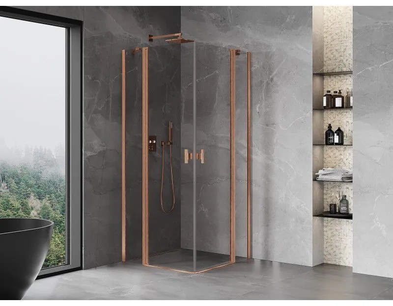 Mexen, Mexen Mist Duo výklopný sprchový kút 100 x 100 cm, transparentný, brúsená meď - 8A4-100-100-65-00