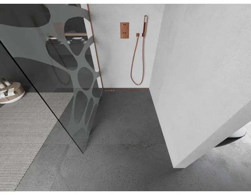 Mexen Kioto, sprchová zástena Walk-In 70 x 200 cm, 8mm číre sklo biely vzor, medený matný profil, 800-070-101-65-97