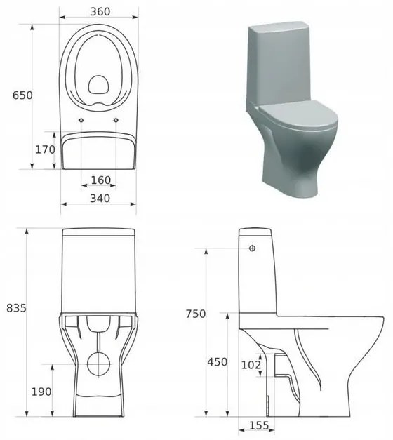 Cersanit MODUO - WC Kombi zadný odpad 3/5 CLEAN ON+WC sedátko SC duroplast SLIM, Biela, K116-029