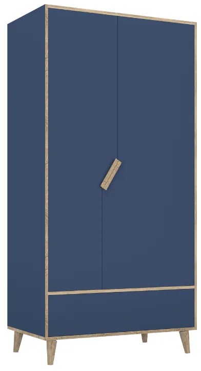 Drevená šatníková skriňa so šuplíkom, tyčami a policami TUTU modrá, dub sonoma