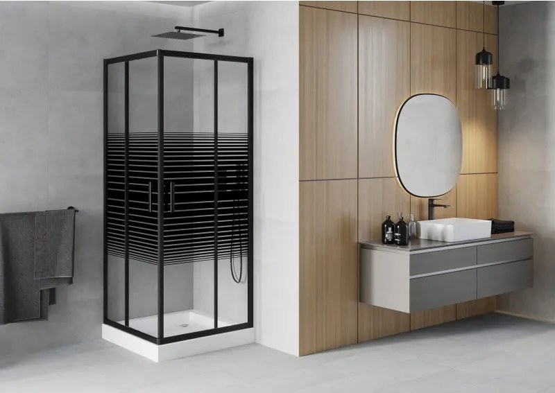 Mexen Rio, štvorcový sprchovací kút s posuvnými dverami 70(dvere) x 70(dvere) x 190 cm, 6mm číre sklo s pásikmi, čierny profil + biela sprchová vanička RIO, 860-070-070-70-20-4510