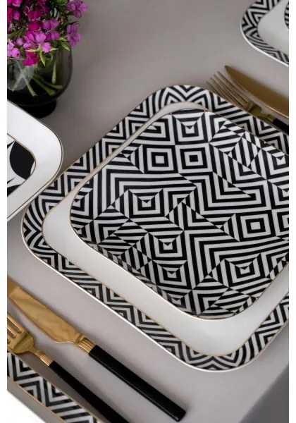 26-dielna jedálenská súprava z kvalitného porcelánu – biela/čierna