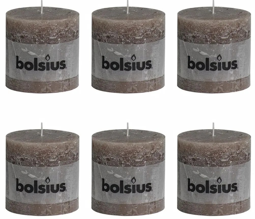 Bolsius Rustikálna valcová sviečka 100x100 mm, sivohnedá 6 ks