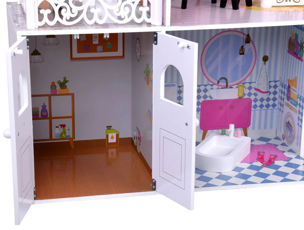 Veľký drevený domček pre bábiky s výťahom, garážou, balkónom a nábytkom – ZA5388