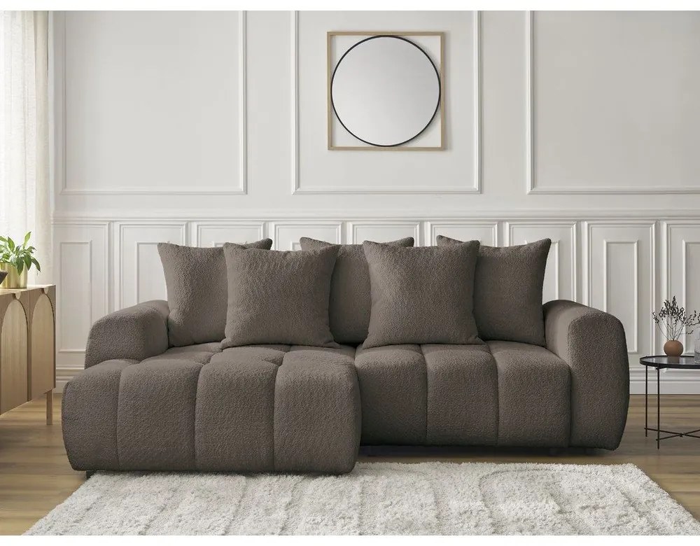 Hnedá rozkladacia/s úložným priestorom rohová pohovka z textílie buklé (ľavý roh/s leňoškou) Roxelane – Bobochic Paris