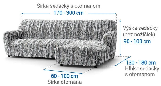 Bielastické poťahy OCEANO NOVÉ šedo-modré sedačka s otomanom vpravo (š. 170 - 300 cm)