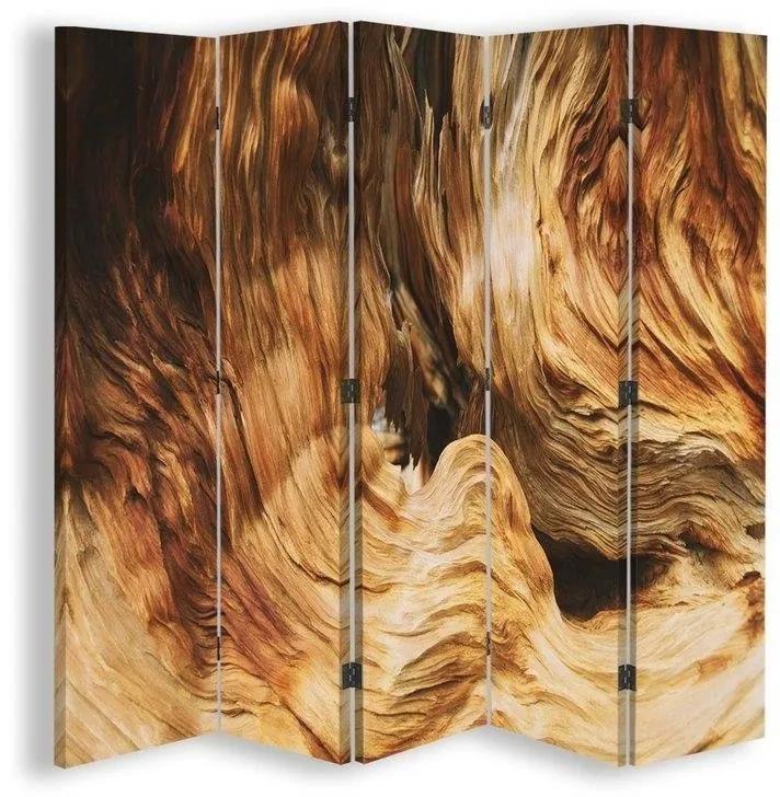 Ozdobný paraván, Vlnovková abstrakce se dřevem - 180x170 cm, päťdielny, klasický paraván