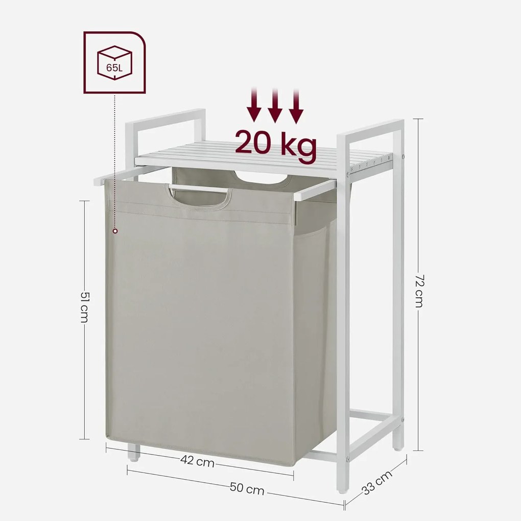 Kôš na bielizeň 65 l, kôš na prádlo s policou a kovovým rámom, biely