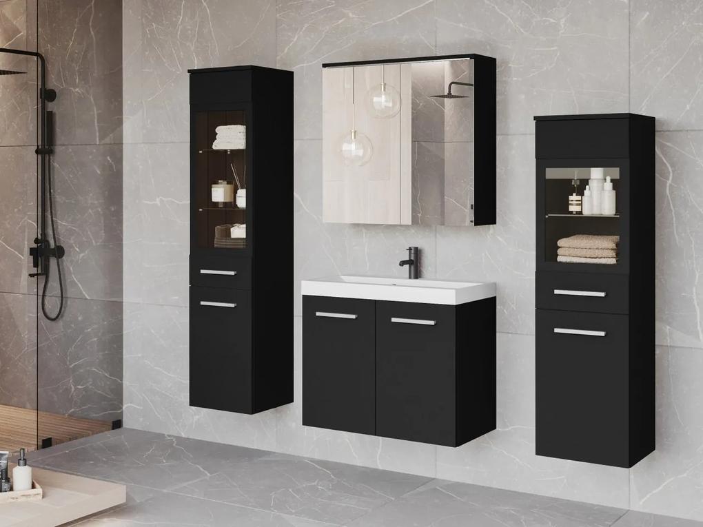 Kúpeľňový nábytok Apogon II, Farby: wotan / čierny lesk, Sifón: bez sifónu, Osvetlenie: osvetlenie LED biele, Umývadlová batéria: nie