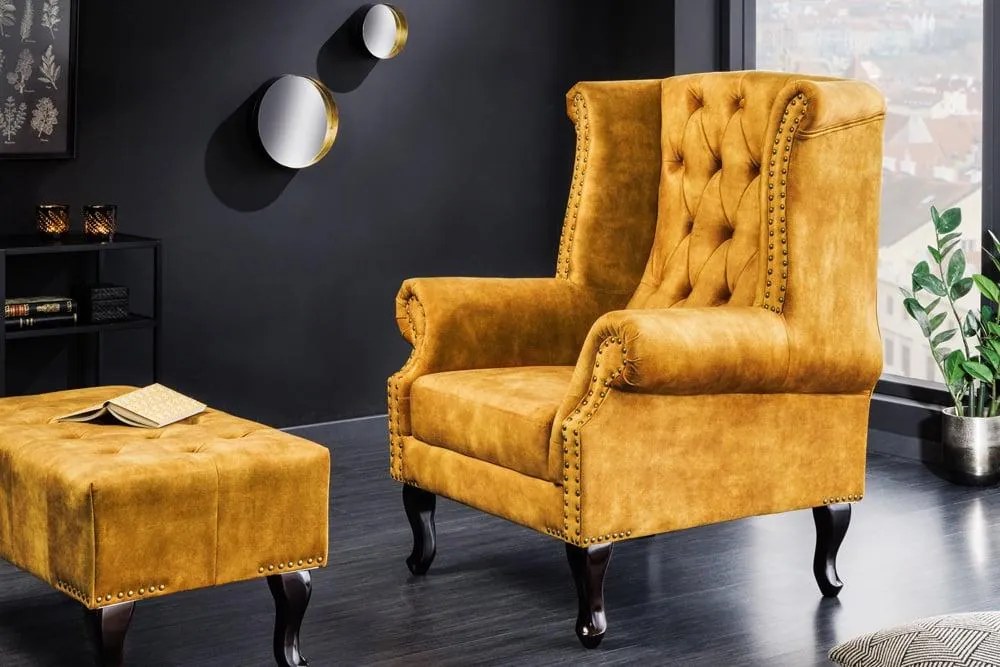 Invicta Interior - Kreslo CHESTERFIELD 85cm, horčicovo žlté, zamat