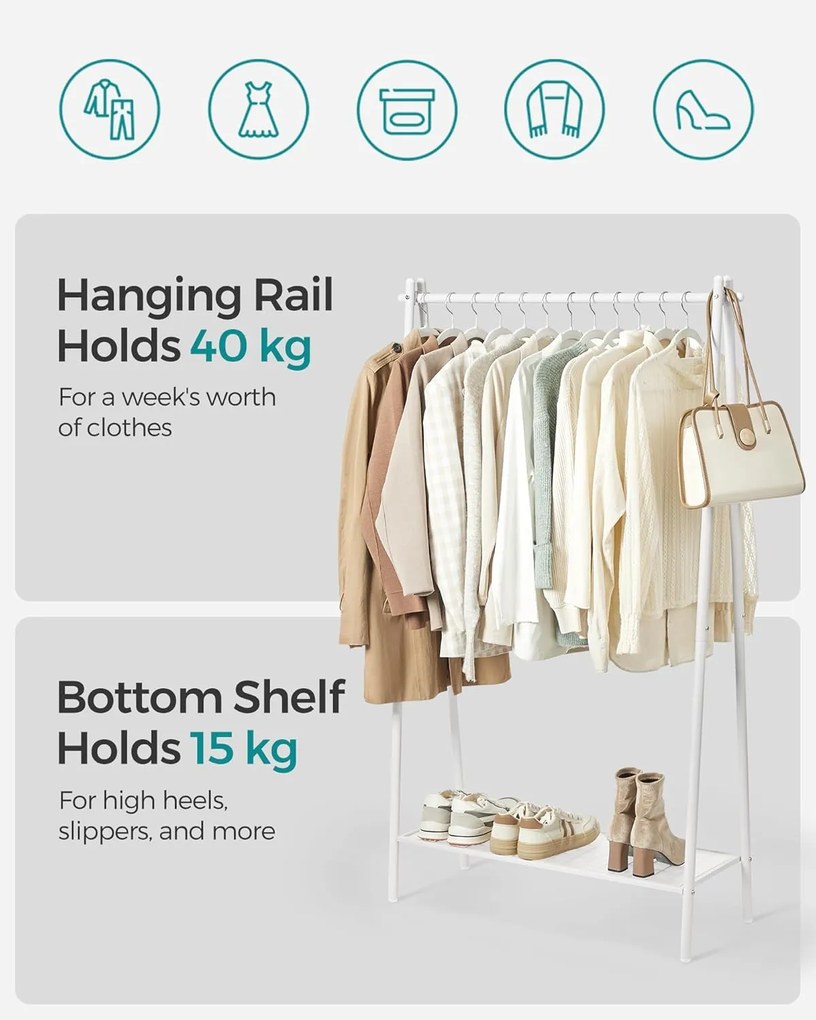 Stojan na oblečenie s oceľovým rámom, s policou, 33,5 x 92,5 x 153 cm, biely