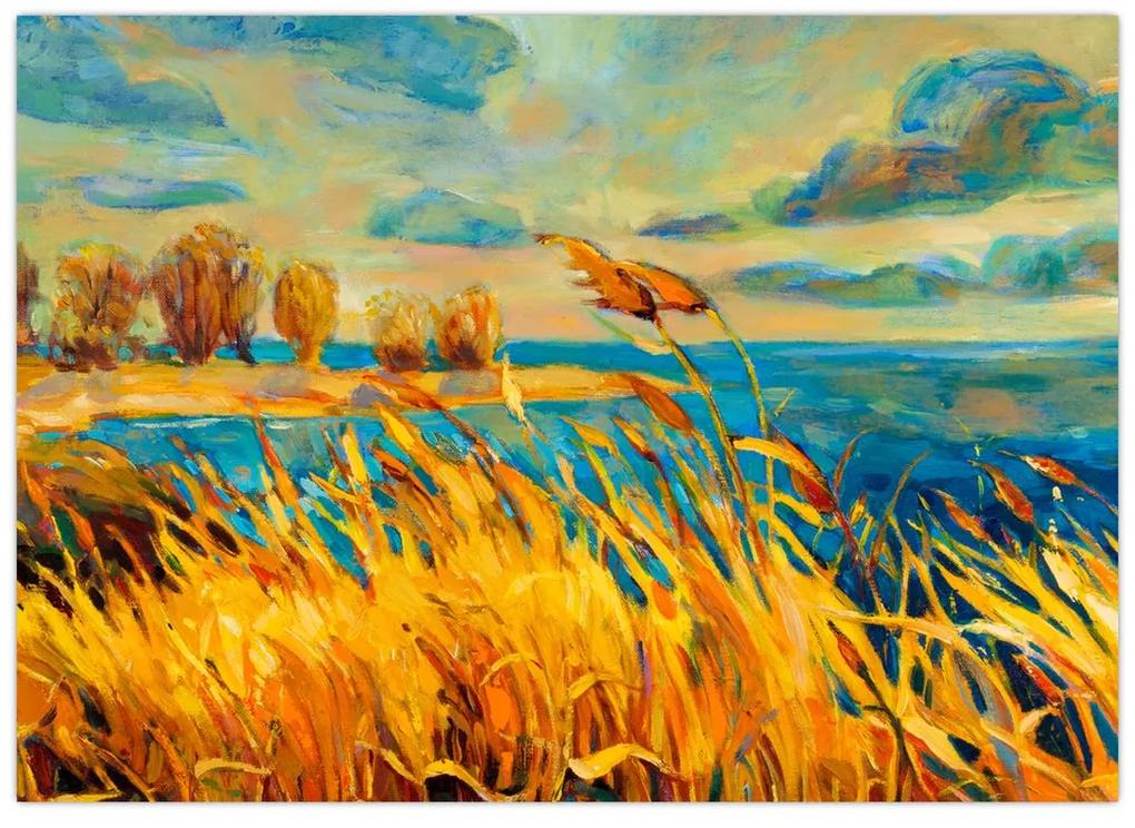 Sklenený obraz - Západajúce slnko nad jazerom, akrylová maľba (70x50 cm)