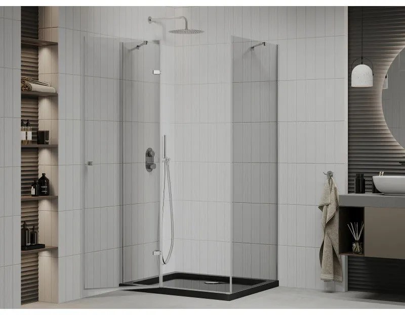 Mexen Roma, sprchový kút s krídlovými dverami 80 (dvere) x 100 (stena) cm, 6mm číre sklo, chrómový profil + slim sprchová vanička čierna + chrómový sifón, 854-080-100-01-00-4070