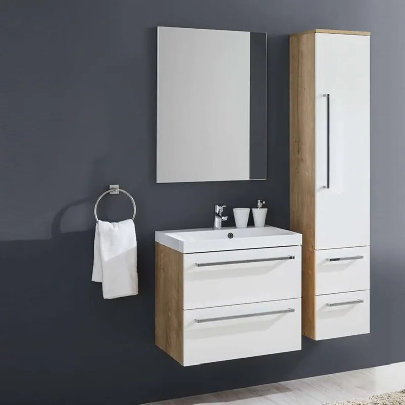 Mereo, Bino, kúpeľňová skrinka s umývadlom z liateho mramoru 61x46x58 cm, biela-dub arlington, MER-CN670M