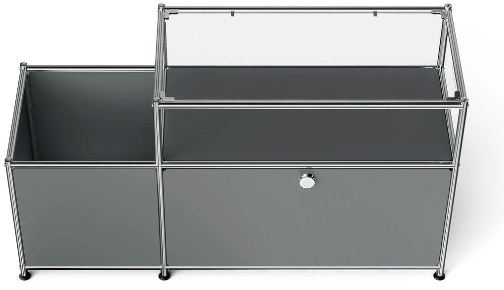 Kovová nízka skrinka »CN3« s výklopným priečinkom a sklenenou doskou, sivá