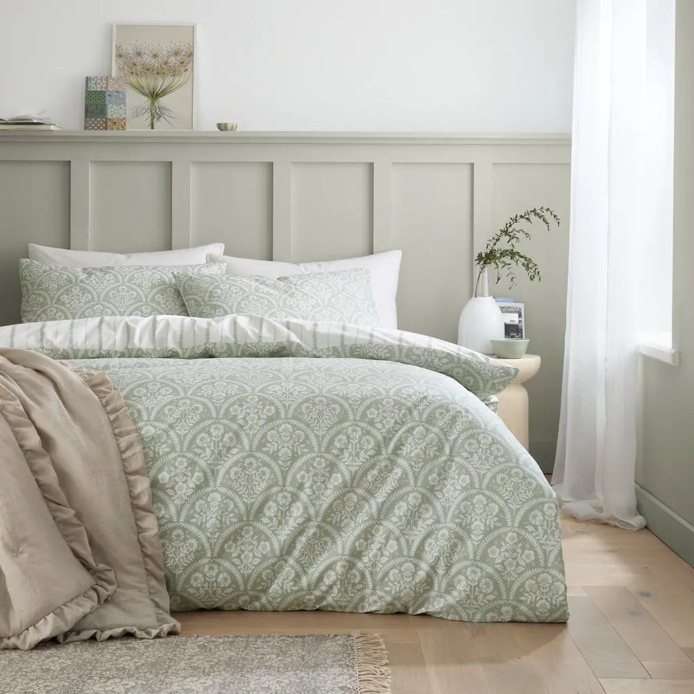 Bielo-zelené obliečky na jednolôžko z bavlneného perkálu 135x200 cm Scallop Floral – Bianca