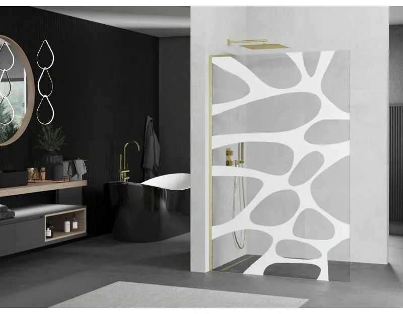 Mexen Kioto L, sprchová zástena Walk-In 70 x 200 cm, 8mm číre sklo biely vzor, zlatý matný profil, 800-070-103-55-97