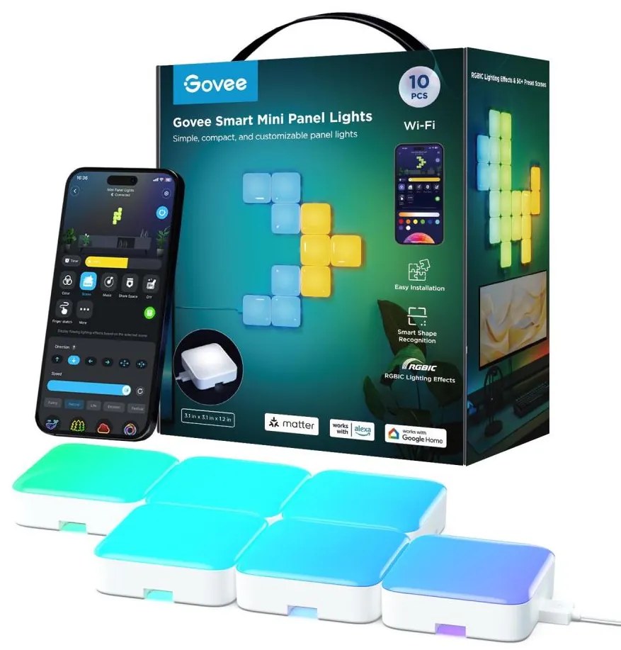 Govee - 10x mini RGBIC Wi-Fi panely, inteligentné ovládanie