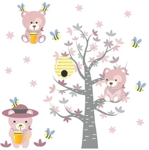 Krásna detská nálepka na stenu ružové medvedíky a včielky