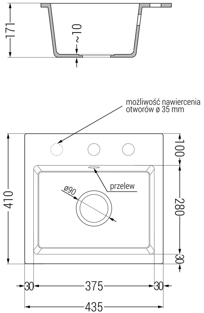 Mexen Milo, granitový drez 435x410x171 mm, 1-komorový, béžová s čiernym sifónom, 6505441000-69-B