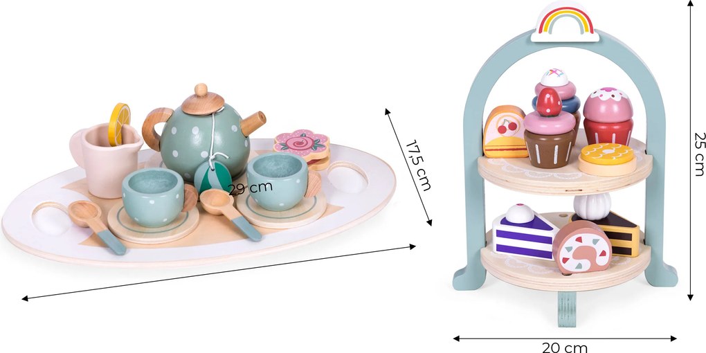 ECOTOYS Dřevěná čajová souprava se sladkostmi ECOTOYS, 27 dílů pro děti 3+