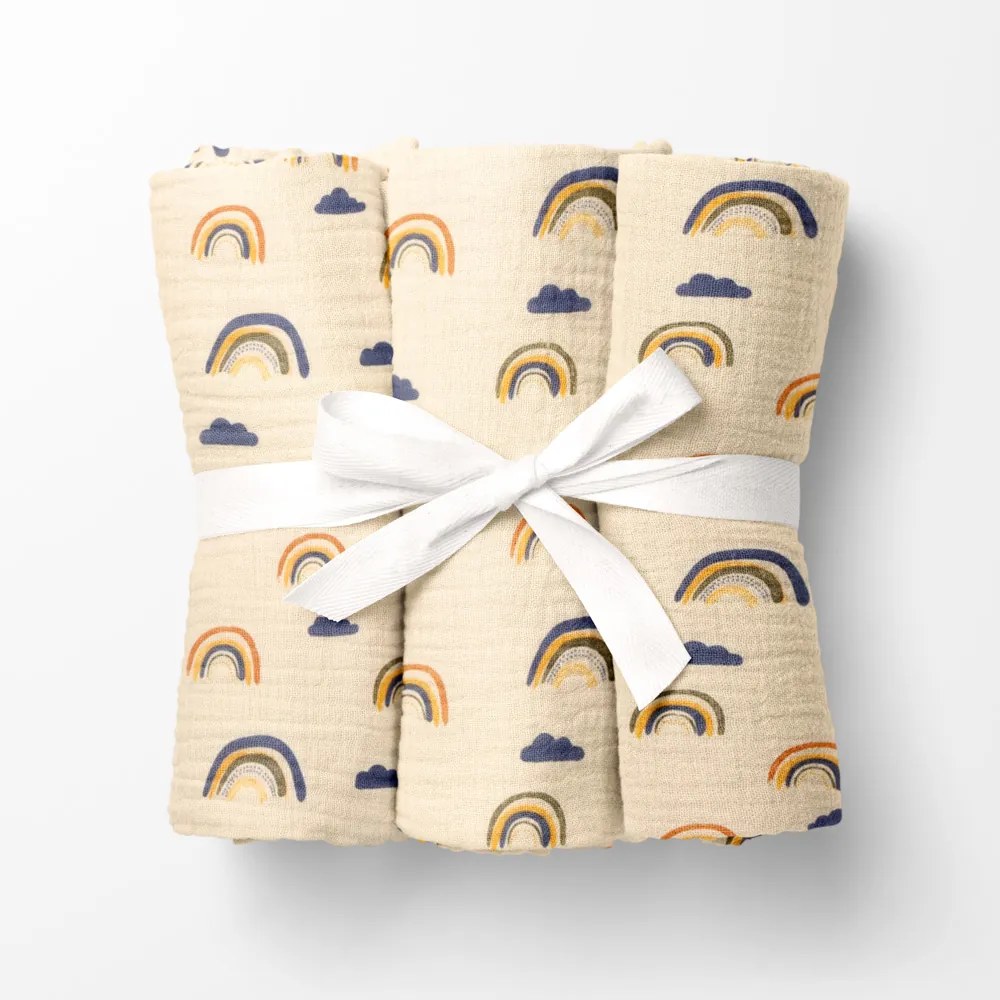 Biante Mušelínová plienka/dečka Nature MSN-073 Dúhy na krémovo žltom - ZVÝHODNENÁ SADA 3 KS 70x70 cm - Sada 3 ks