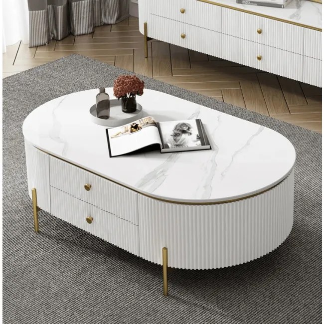 KONFERENČNÝ STOLÍK GASTON BIELY + ZLATÉ NOHY + SYNTETICKÝ MRAMOR