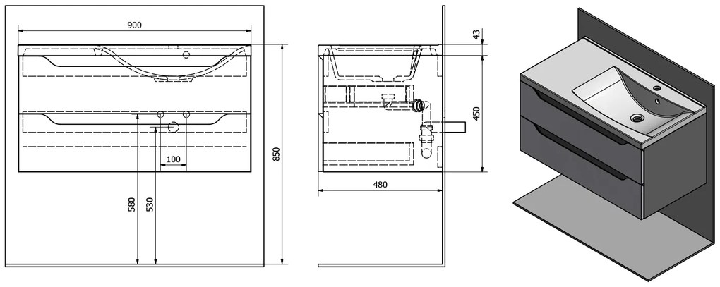 Sapho Sapho, WAVE umývadlová skrinka 89,7x45x47,8cm, pravá, biela/dub Alabama, WA093-3022