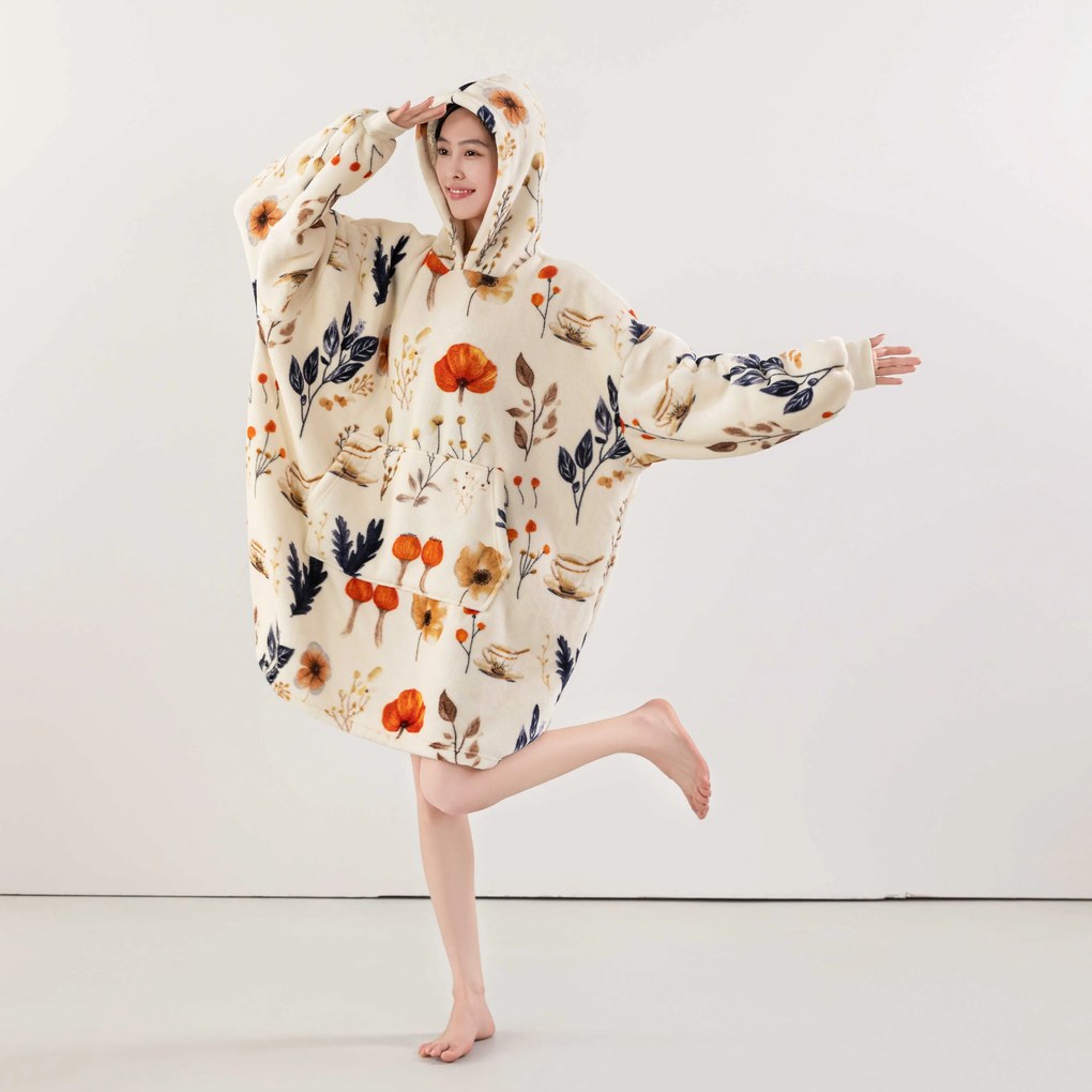 Baránková mikinová deka s rukávmi a kapucňou PAPAVA, krémová