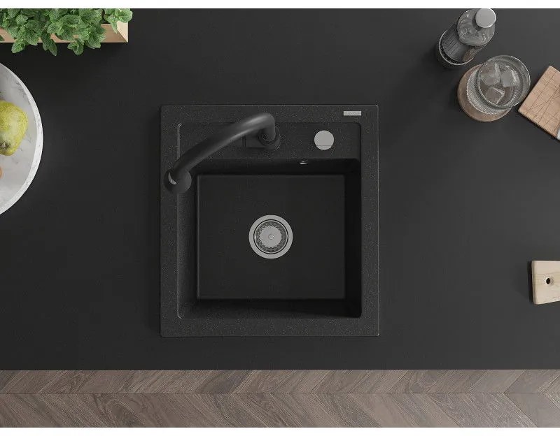 Mexen Vito, 1-komorový granitový drez 490x520x210 mm a drezová batéria Elia, čierna-strieborná metalíza, 6503-73-670101-70