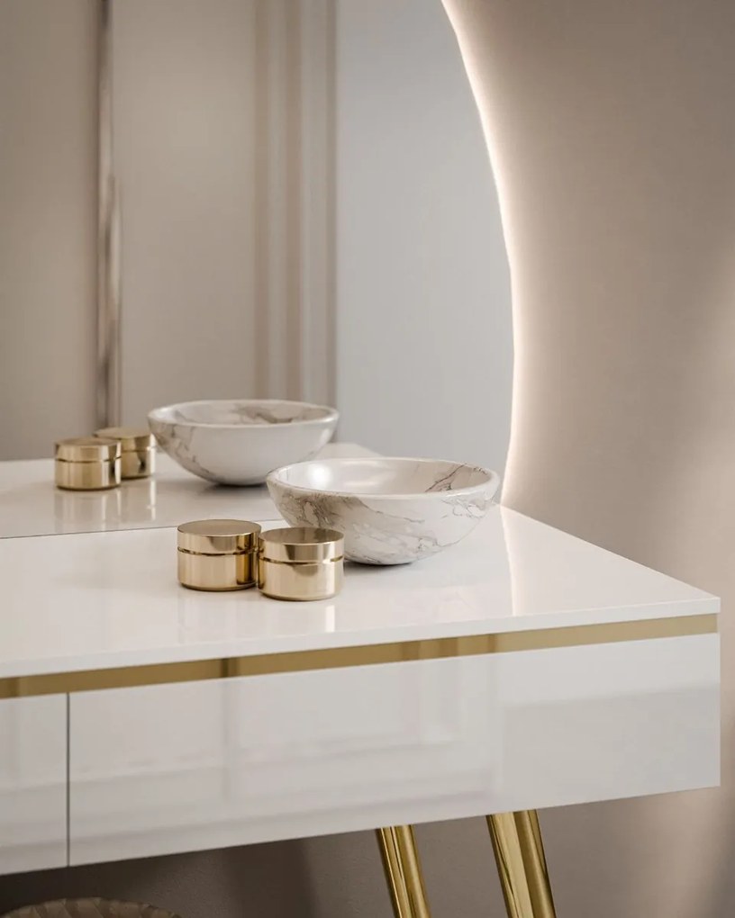 TOALETNÝ STOLÍK NESSIE BIELY LESK PRAVÝ + ZLATÉ NOHY + ZRKADLO POLMESIAC