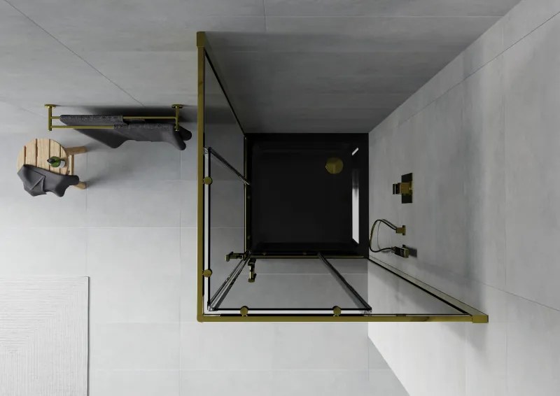 Mexen Rio, štvorcový sprchovací kút s posuvnými dverami 80(dvere) x 80(dvere) x 190 cm, 6mm šedé sklo, zlatý profil + čierna sprchová vanička SLIM, 860-080-080-50-40-4070G