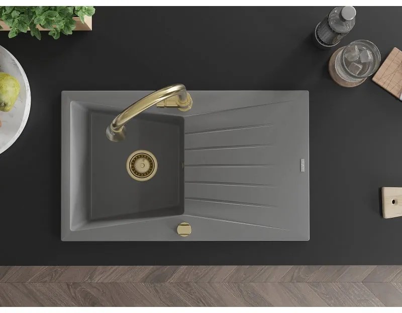 Mexen Cesar, 1-komorový granitový drez 775x470x190 mm a drezová batéria Elia, šedá, 6514-71-670101-50