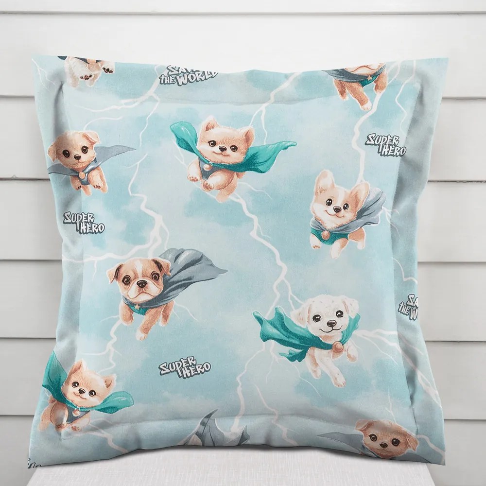 Biante Detská bavlnená obliečka na vankúš s lemom Sandra SA-651 Psí superhrdinovia na ľadovo modrom 30 x 50 cm
