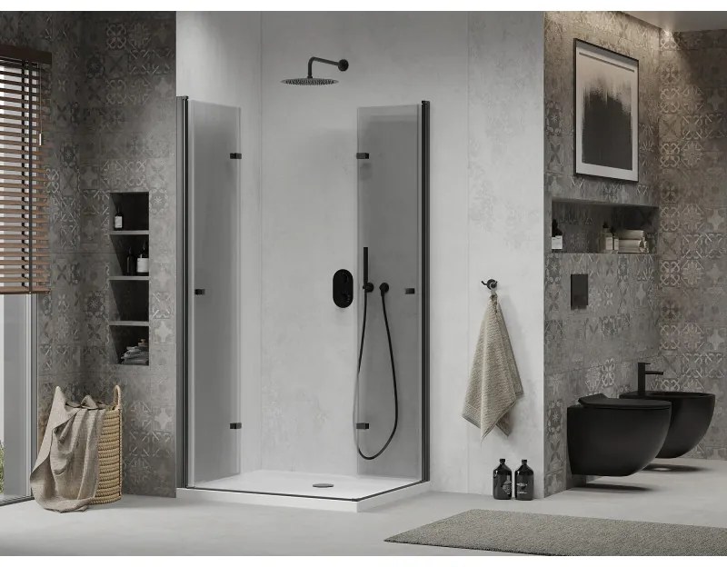 Mexen Lima Duo, sprchovací kút s 2-krídlovými skladacími dverami 80 (dvere) x 70 (dvere) cm, 6mm číre sklo, čierny profil + slim sprchová vanička 5cm biela s čiernym sifónom, 856-080-070-70-02-4010B