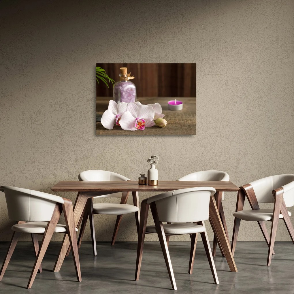 Sklenený obraz - Sviečka a orchidey (70x50 cm)
