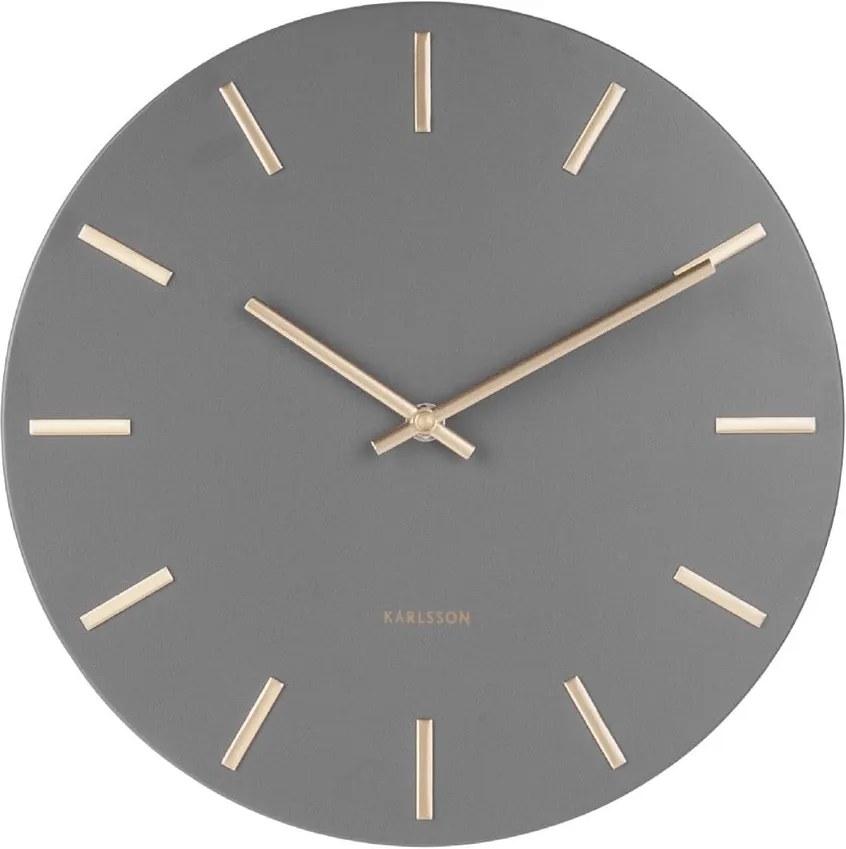 Sivé nástenné hodiny s ručičkami v zlatej farbe Karlsson Charm, ø 30 cm