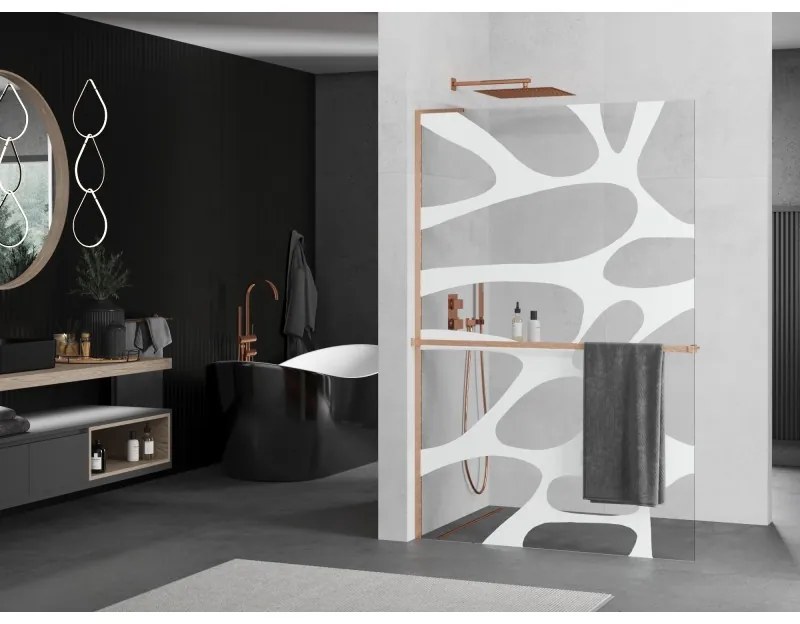 Mexen Kioto+ L, sprchová zástena Walk-In s poličkou a vešiakom 90 x 200 cm, 8mm číre sklo biely vzor, medený matný profil, 800-090-123-65-97