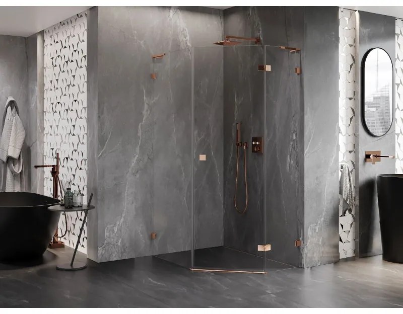 Mexen Lunar, L päťuholníkový sprchový kút s pravým sklonom 90 x 100 cm, 8mm číre sklo, profil ružové zlato, 831L-090P-100L-60-00-P