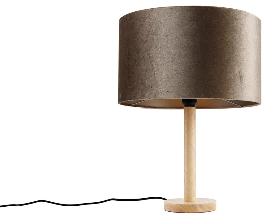 Stolná lampa drevená so zamatovým tienidlom sivohnedá 35cm - Mels