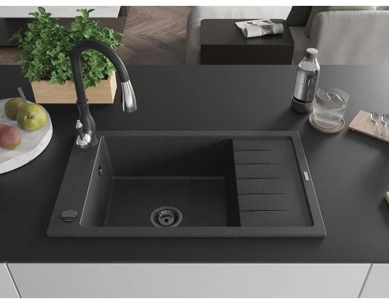 Mexen Elias, 1-komorový granitový drez 795x480x200 mm a drezová batéria Savita, čierna škvrtnitá, 6511-76-672601-70-B