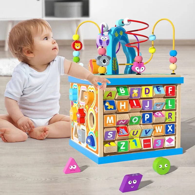 LEAN Toys Vzdelávacie puzzle Drevená kocka Abeceda vzor Sorter
