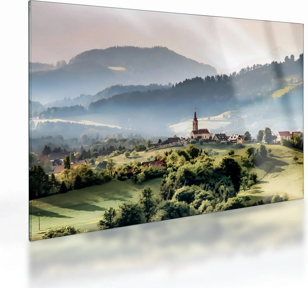 Sklenený obraz - dedinka v hmle (70x50 cm)